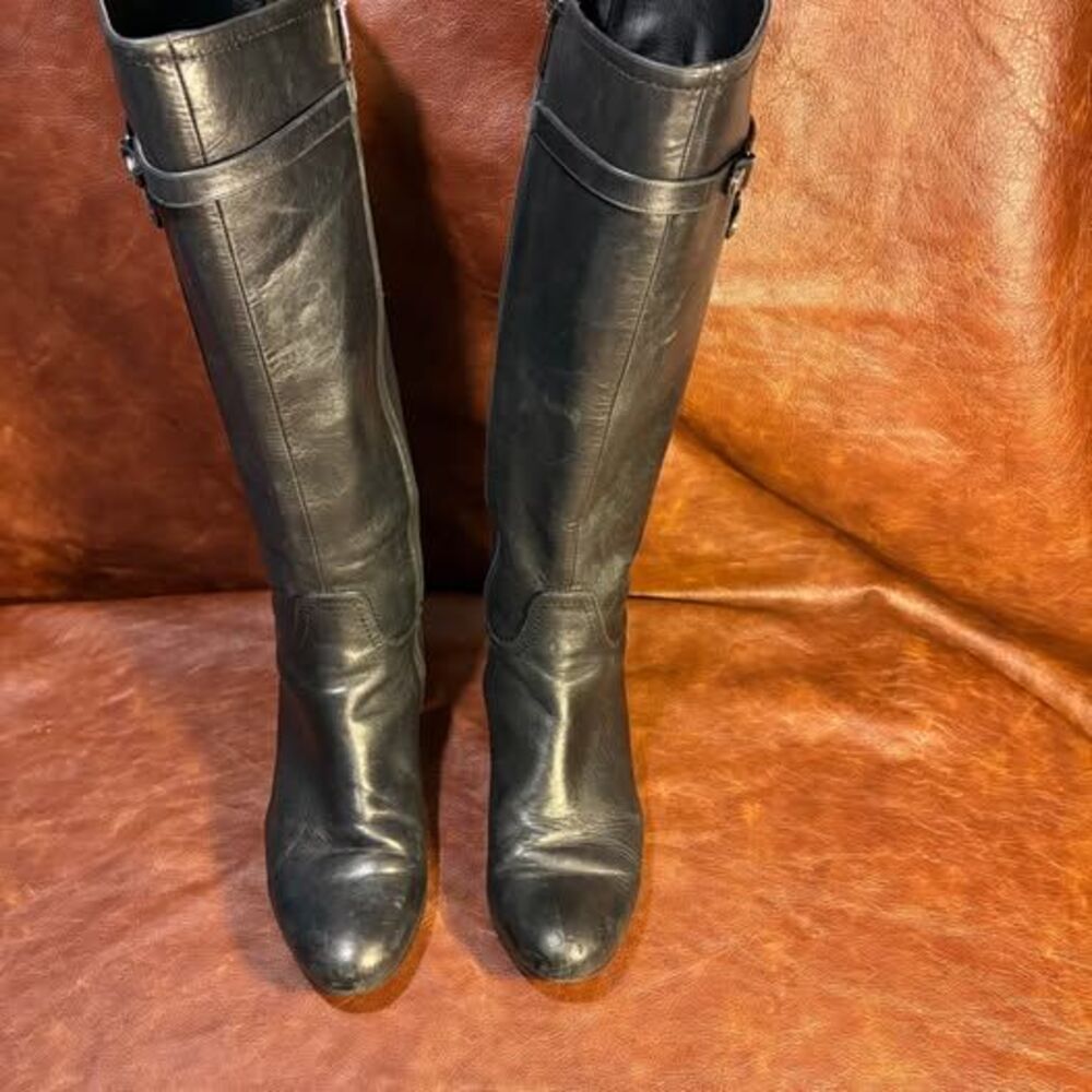 Albano Italian Black Metallic Leather Boots High Block Heel Zip Up